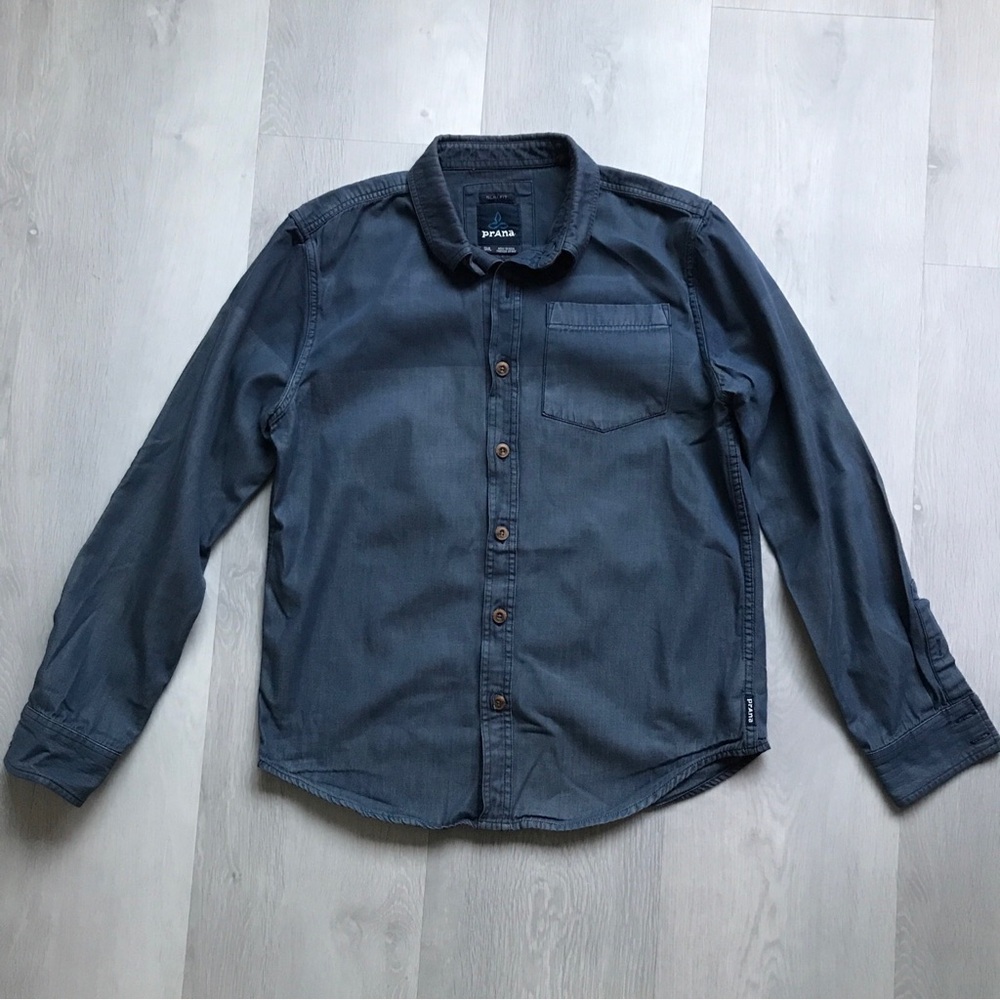 PrAna BLUE TWILL COLOR BLOCK SHIRT BUTTON LONG SLEEVE COLLAR MENS SMALL